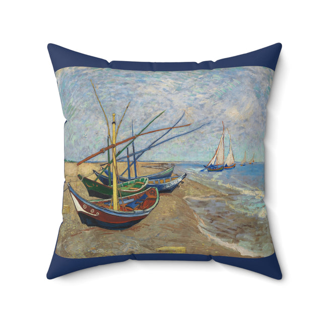 Fishing Boats on the Beach at Saintes-Maries by Vincent Van Gogh Spun Polyester Square Pillow