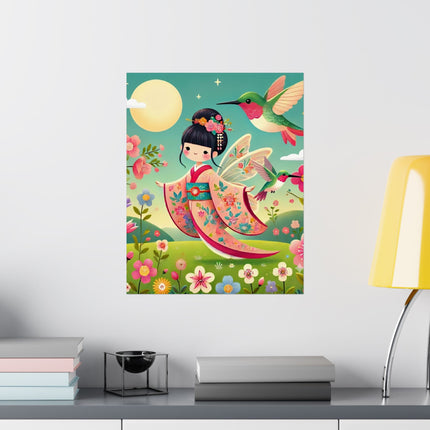 🧚🌺 Geisha Fairy and the Hummingbird Blossom Matte Vertical Poster – Grace, Wonder & Floral Magic