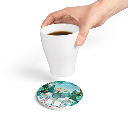 🦩🎄 The Lady Of The Christmas Garland Birds Ceramic Coaster – Whimsical Art Deco Holiday Fantasy