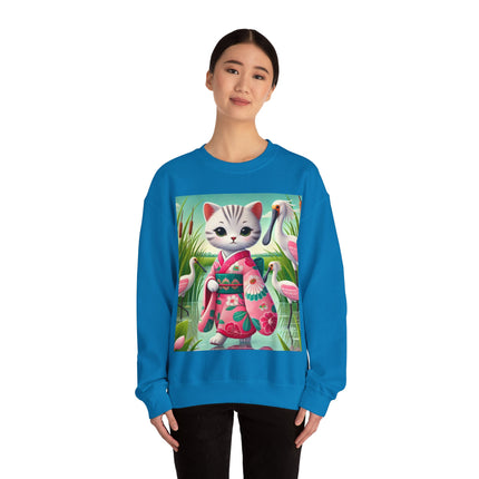 Geisha Kitten Strolls Among the Spoonbills  Unisex Heavy Blend™ Crewneck Sweatshirt