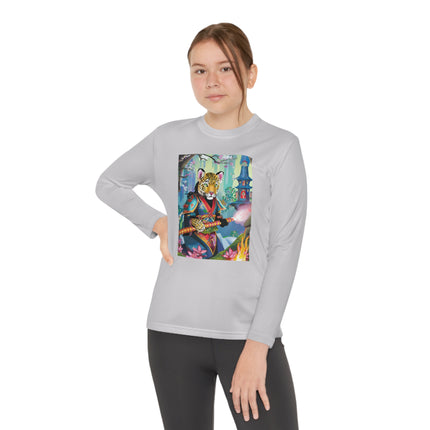 Cyberpunk Leopard Youth Long Sleeve Competitor Tee – Neon Magic & Futuristic Adventure