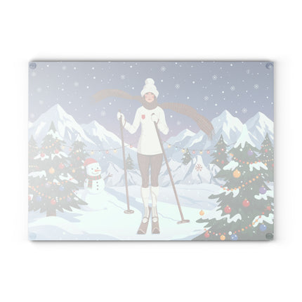 🎿🎄 The Christmas Mountain Skier Glass Cutting Board – Art Deco Winter Holiday Adventure