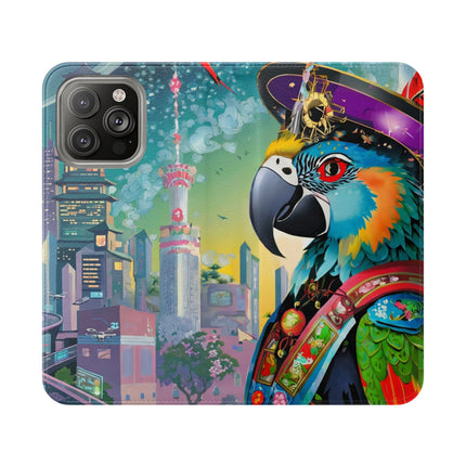 🦜⚡ Tech Plumes Flip Case – Neon Feathers & Futuristic Brilliance