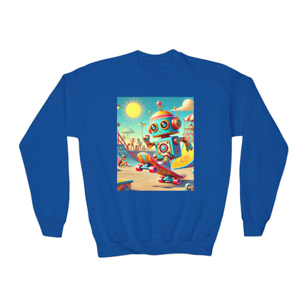 Skate Park Robot Youth Crewneck Sweatshirt – Energy, Motion & Retro-Futuristic Fun