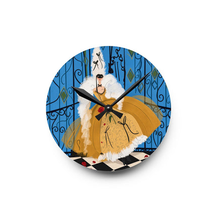 🎭🌹 The Lady Of The Golden Masquerade Acrylic Wall Clock – Art Deco Fashion Elegance