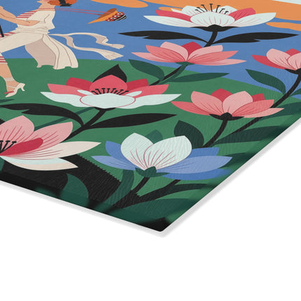 🌸🦋 The Butterfly Chase Garden Glass Cutting Board – Art Deco Whimsical Floral Elegance