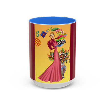Elegant Holiday Woman with Gifts Colorful Mugs (11oz, 15oz)