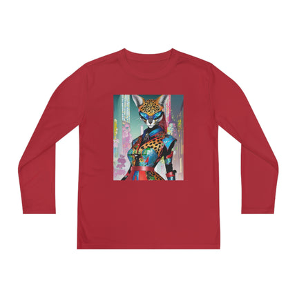Cyber Cat Glamour Youth Long Sleeve Competitor Tee – Neon Elegance & Futuristic Style