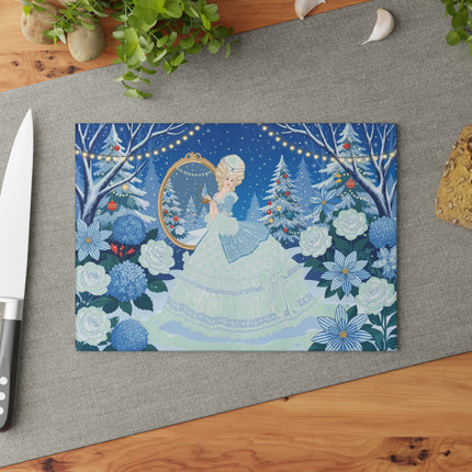 ❄️🌹 The Lady Of The Winter Rose Garden Glass Cutting Board – Art Deco Holiday Elegance