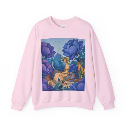 💙🌸 The Lady Among The Blue Blossoms Crewneck Sweatshirt – Art Deco Floral Reverie