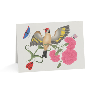 Goldfinch & Pink Flowers Greeting Card – Vibrant Joy & Springtime Charm