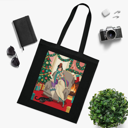 🔥🎄 The Lady Of The Christmas Hearth Cotton Tote Bag – Art Deco Holiday Warmth