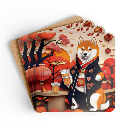Shiba Inu at an Autumn Harvest Fair Corkwood Coaster Set
