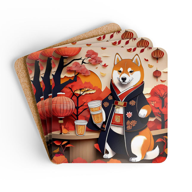 Shiba Inu at an Autumn Harvest Fair Corkwood Coaster Set