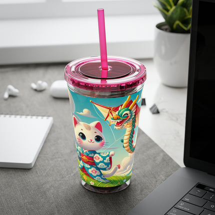 Geisha Kitten and the Dragon Kite Sunsplash Tumbler with Straw, 16oz