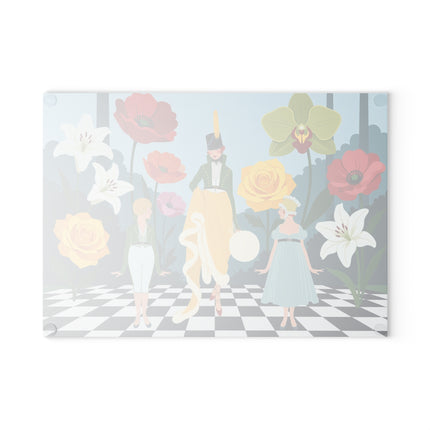 🌺🎩 The Lady And Children Of The Grand Flower Garden Glass Cutting Board – Art Deco Fashion Whimsy