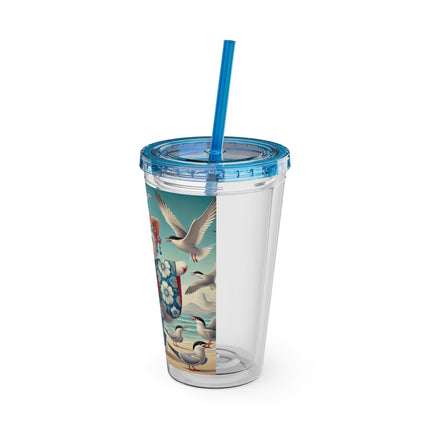 Geisha Kitten by the Seaside Sunsplash Tumbler with Straw, 16oz