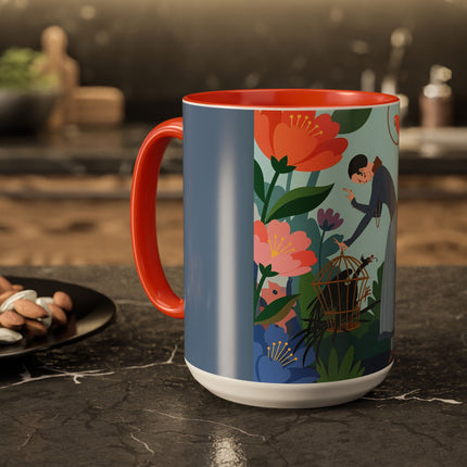 The Lady And The Mysterious Bird Colorful Mugs – Art Deco Botanical Mystery