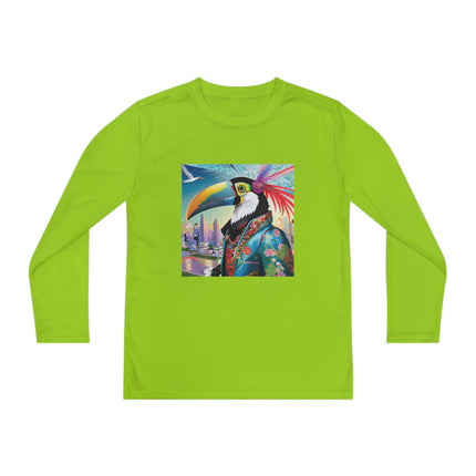 Cyber Toucan Chic Youth Long Sleeve Competitor Tee – Neon Feathers & Futuristic Style