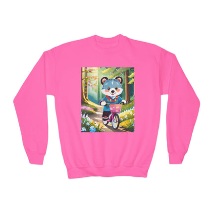 Furry Cyclist Youth Crewneck Sweatshirt – Playful Adventure on Two Wheels