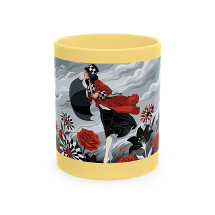 ☂️🌹 The Lady In The Windy Rose Garden Ceramic Mug – Art Deco Fashion Whimsy