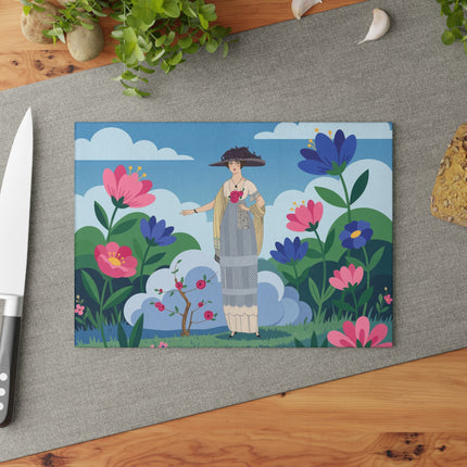 🌸🎀 The Lady Of The Rose Garden Glass Cutting Board – Art Deco Floral Fashion Elegance