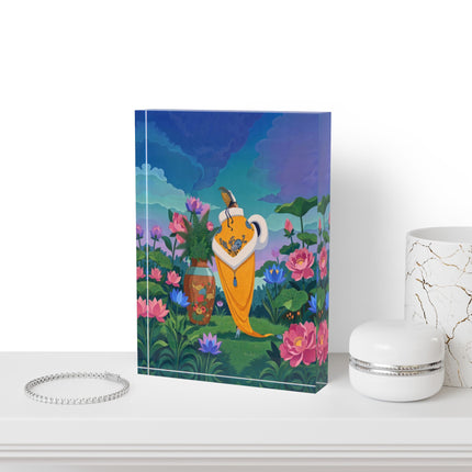 🪷✨ The Lady Of The Golden Lotus Stroll Acrylic Art Block – Art Deco Floral Elegance