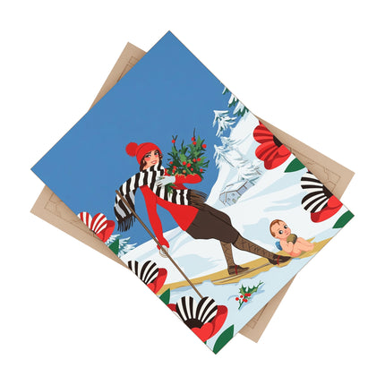 🎿🌿 The Christmas Holly Skier Ceramic Tile – Vintage Holiday Adventure