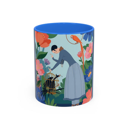 The Lady And The Mysterious Bird Colorful Mugs – Art Deco Botanical Mystery
