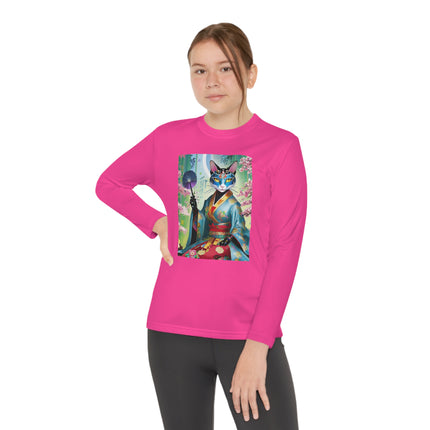Cyberpunk Geisha Youth Long Sleeve Competitor Tee – Neon Elegance & Futuristic Fantasy