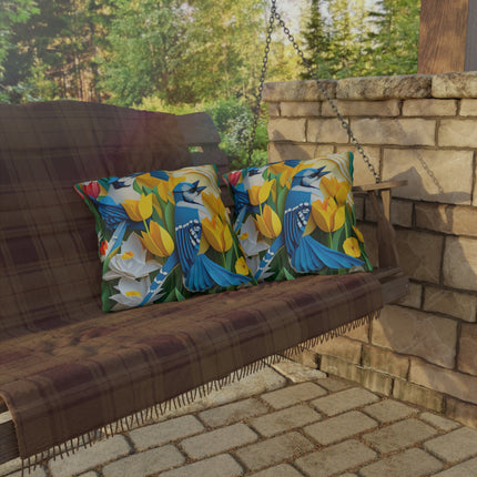 Blue Jays in a Spring Garden Outdoor Pillows