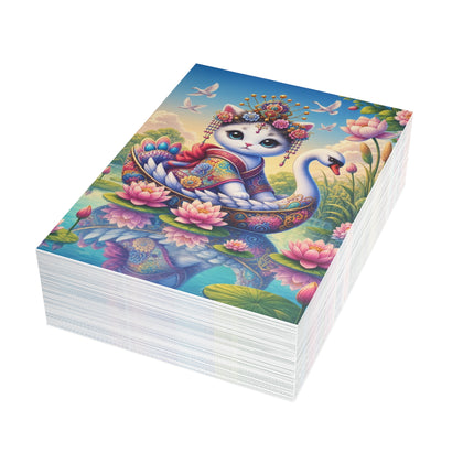 🪷🦢 The Lotus Swan Princess Kitten Greeting Card – Whimsical Garden Elegance