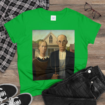American Gothic by Grant Wood Women's Midweight Cotton Tee
