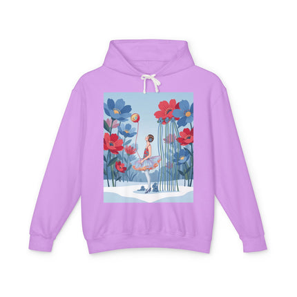 🌸❄️ Winter Flower Girl Unisex Lightweight Hooded Sweatshirt – Art Deco Floral Fantasy