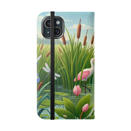 🦩🌸 Geisha Kitten Strolls Among the Spoonbills Flip Case – Serene Grace & Marshland Wonder