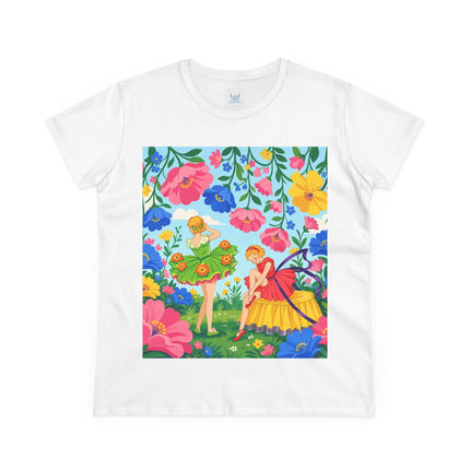 🌸🧚 The Fairies In The Flower Garden Cotton Tee – Art Deco Floral Whimsy
