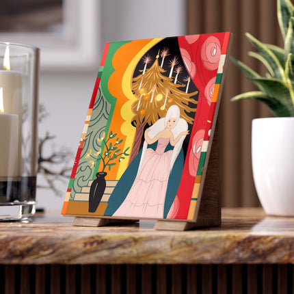 🕯️🎄 The Lady Of The Candlelit Christmas Alcove Ceramic Tile – Art Deco Holiday Elegance