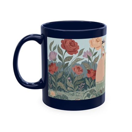 🐈🥾 The Lady & Puss In Boots In The Flower Garden Ceramic Mug – Art Deco Storybook Whimsy