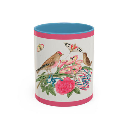 Pair of brown birds on bouquet with tulip, rose, and snapdragons, with butterflies by AnonymousAccent Coffee Mug, 11oz