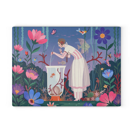 🐠🌸 The Lady Of The Enchanted Aquarium Glass Cutting Board – Art Deco Underwater Garden Fantasy