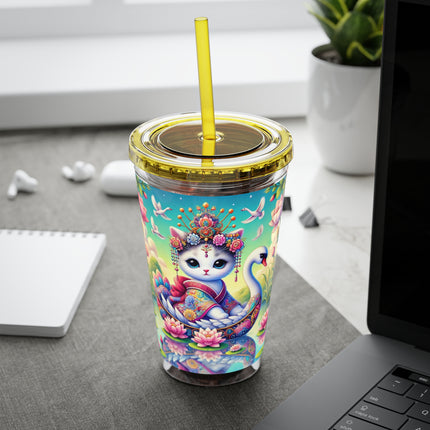Geisha Kitten’s River Voyage Sunsplash Tumbler with Straw, 16oz