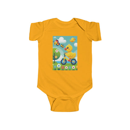 Duckling Riding a Bike Baby Bodysuit – Whimsical Duck Garden Adventure Design