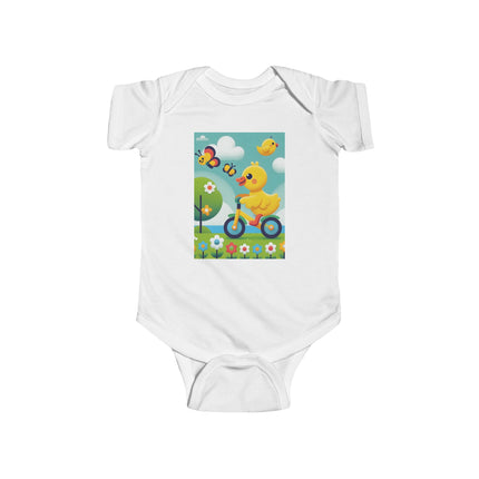 Duckling Riding a Bike Baby Bodysuit – Whimsical Duck Garden Adventure Design