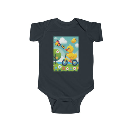 Duckling Riding a Bike Baby Bodysuit – Whimsical Duck Garden Adventure Design