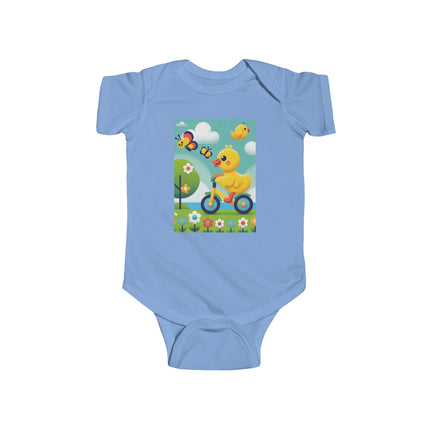 Duckling Riding a Bike Baby Bodysuit – Whimsical Duck Garden Adventure Design