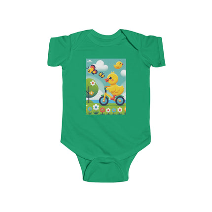 Duckling Riding a Bike Baby Bodysuit – Whimsical Duck Garden Adventure Design