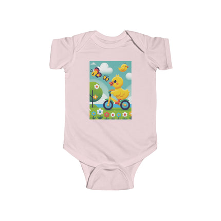 Duckling Riding a Bike Baby Bodysuit – Whimsical Duck Garden Adventure Design