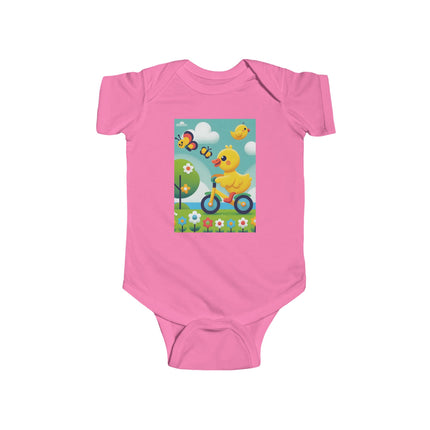 Duckling Riding a Bike Baby Bodysuit – Whimsical Duck Garden Adventure Design