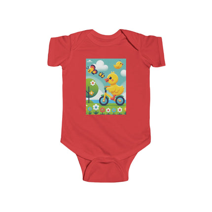 Duckling Riding a Bike Baby Bodysuit – Whimsical Duck Garden Adventure Design