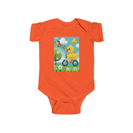 Duckling Riding a Bike Baby Bodysuit – Whimsical Duck Garden Adventure Design